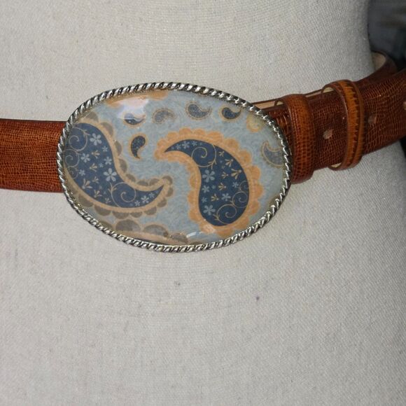 Vintage Concho Style Statement Belt Buckle Enamel Paisley Italian Calfskin 36" - Picture 2 of 6